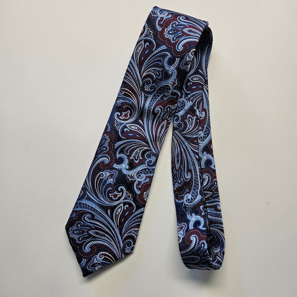 Tasso Elba Mens Navy Blue Burgundy Paisley 100% Silk Handmade Necktie Tie